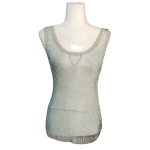 Greylin x Anthropologie Tank Top Aqua Silver Mesh Open Knit Metallic M NEW FLAW